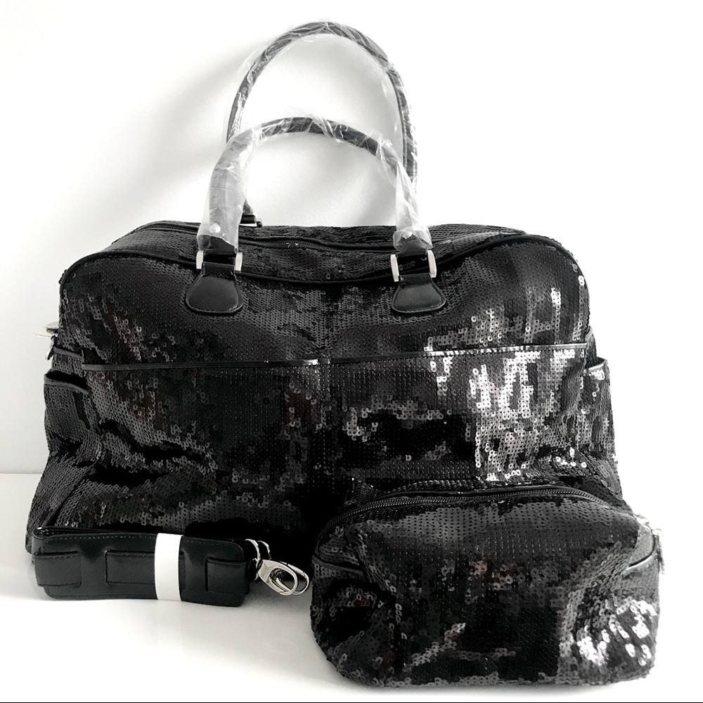 Joan Boyce Glam Black Sequins Overnight Oversized Travel Tote Crossbody Bag